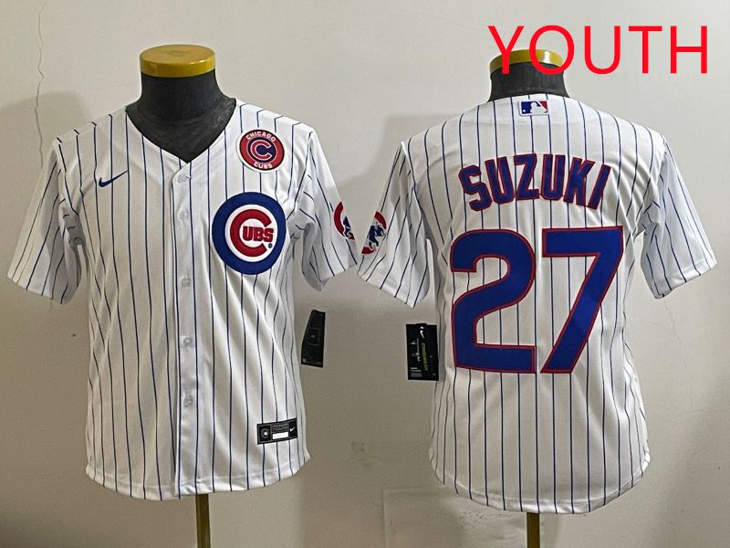 Youth 2025 Chicago Cubs #27 Suzuki White Stripe Game Nike MLB Jersey style 6->youth mlb jersey->Youth Jersey